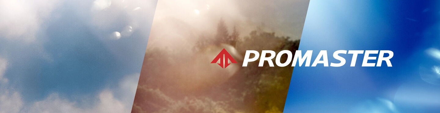 Himmelshintergrund mit dem weißen PROMASTER-Logo und einem roten Pfeil.