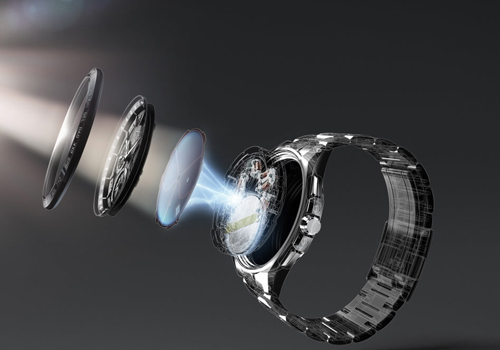 Explodierte Ansicht einer Smartwatch, die interne Komponenten und Design zeigt.