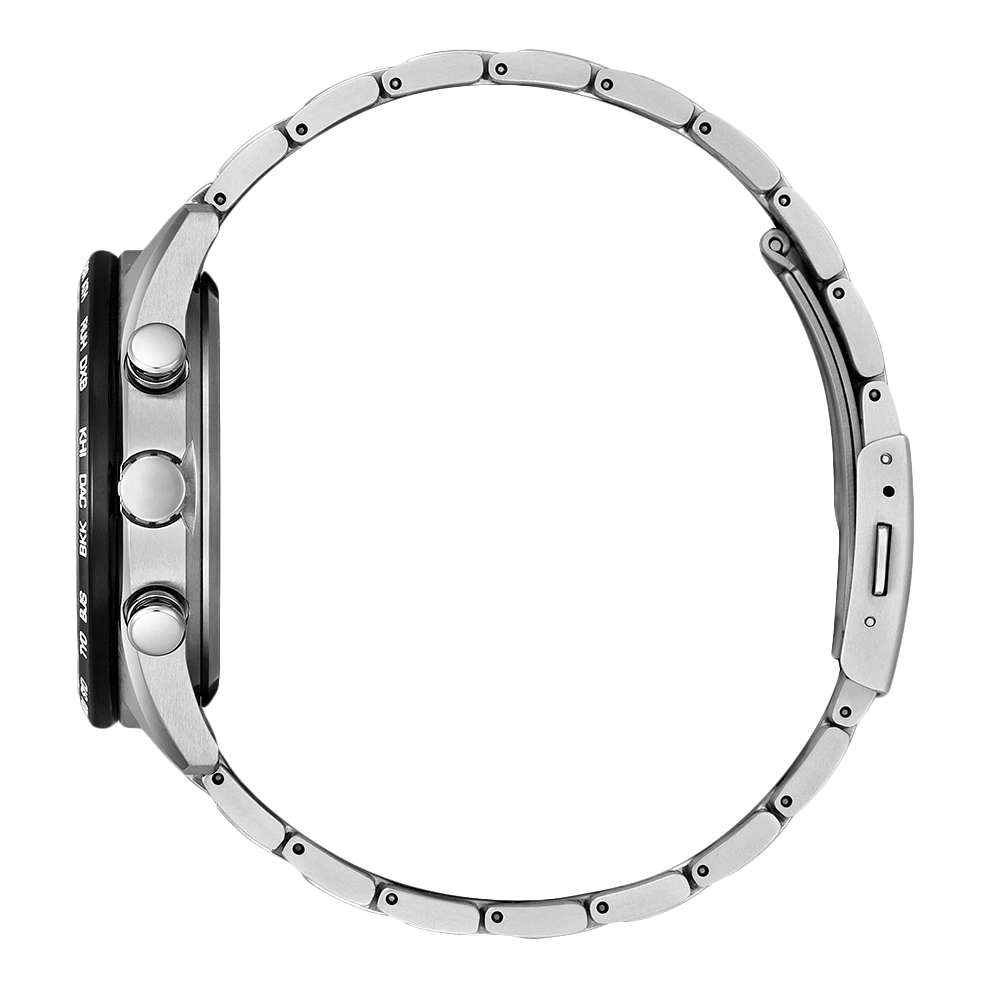 Silberne Uhr mit schwarzem Zifferblatt und Metallarmband, Seitenansicht.