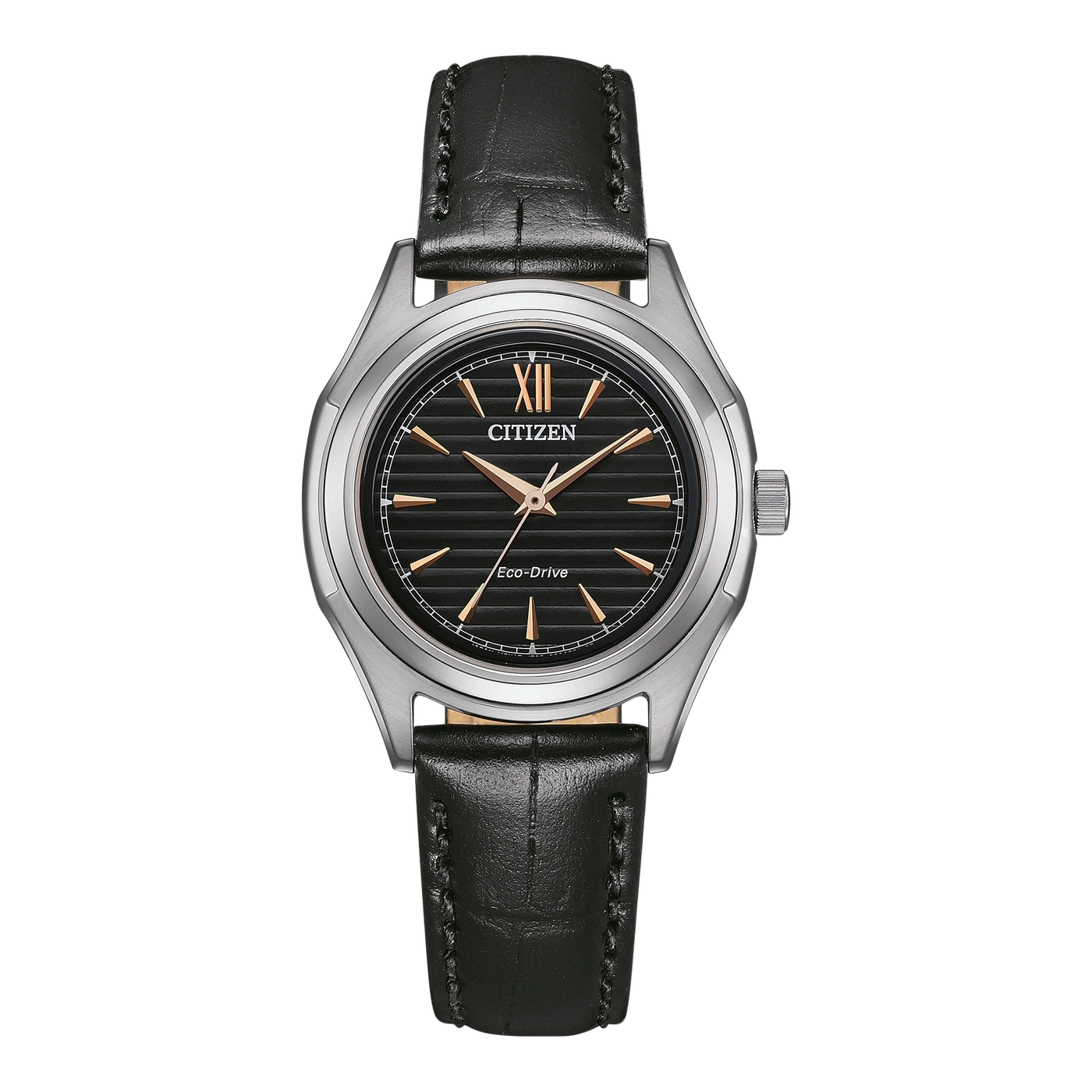 Citizen-Uhr mit schwarzem Lederarmband und schwarzem Zifferblatt