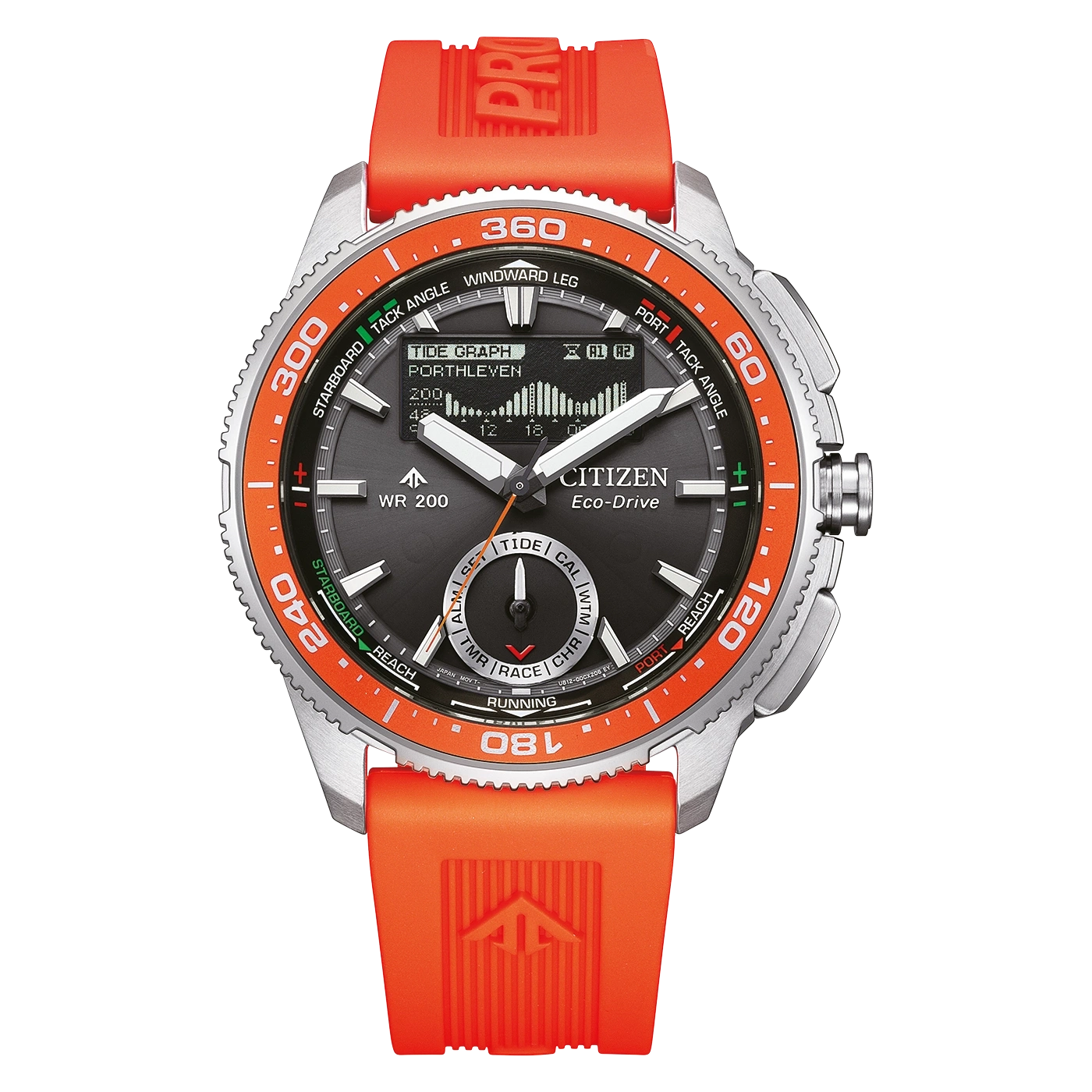 Eine Citizen Eco-Drive-Uhr mit orangefarbenem Armband und Lünette.