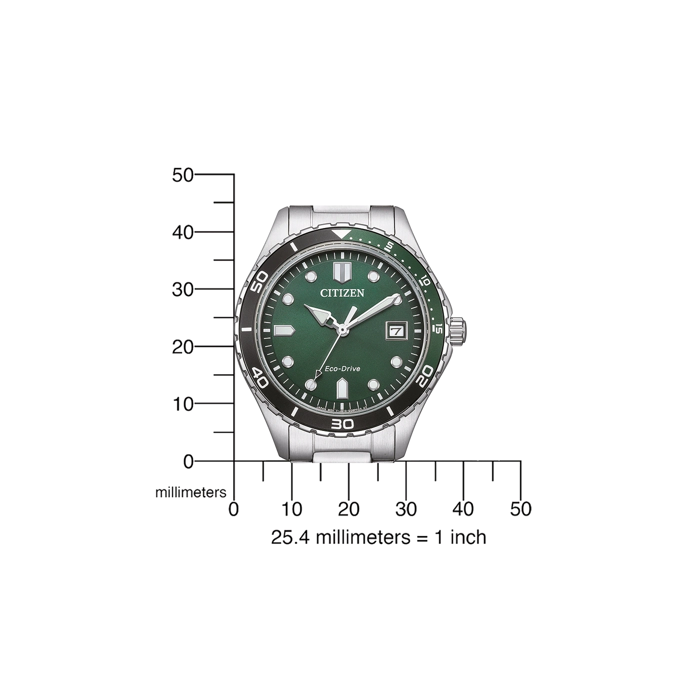 Citizen-Uhr mit grünem Zifferblatt, schwarzer Lünette und silbernem Armband, mit Messungen.