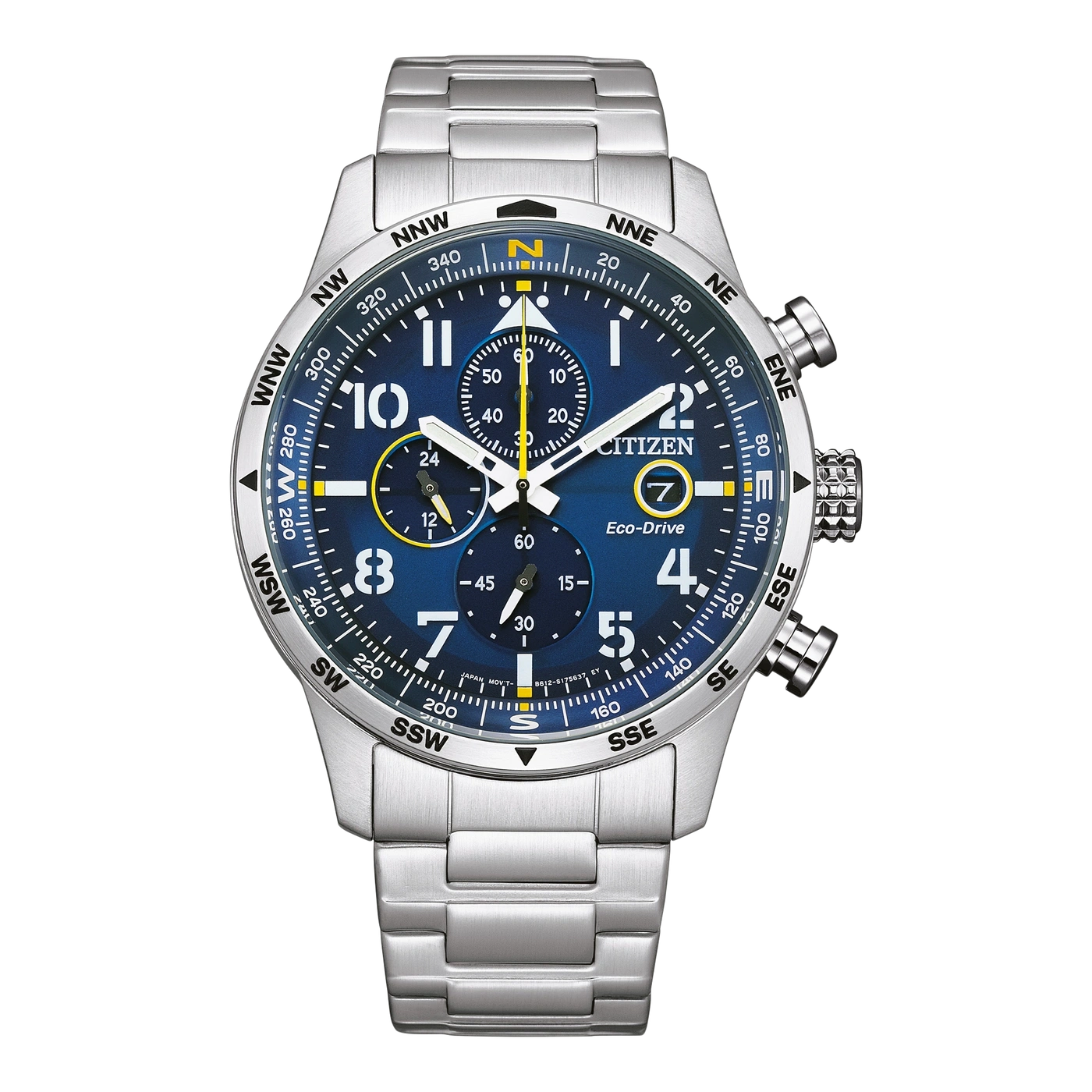 Citizen-Uhr mit Kompass, blauem Zifferblatt und Edelstahlarmband.