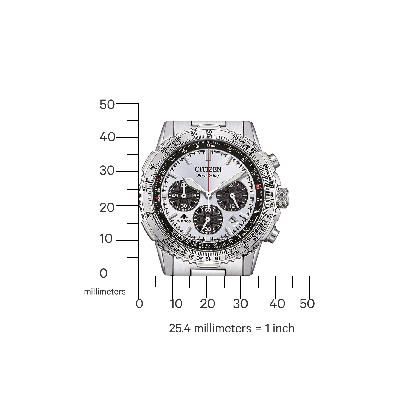 Citizen-Uhr mit Skala, Eco-Drive, Silber, schwarze Details und Messmarkierungen.