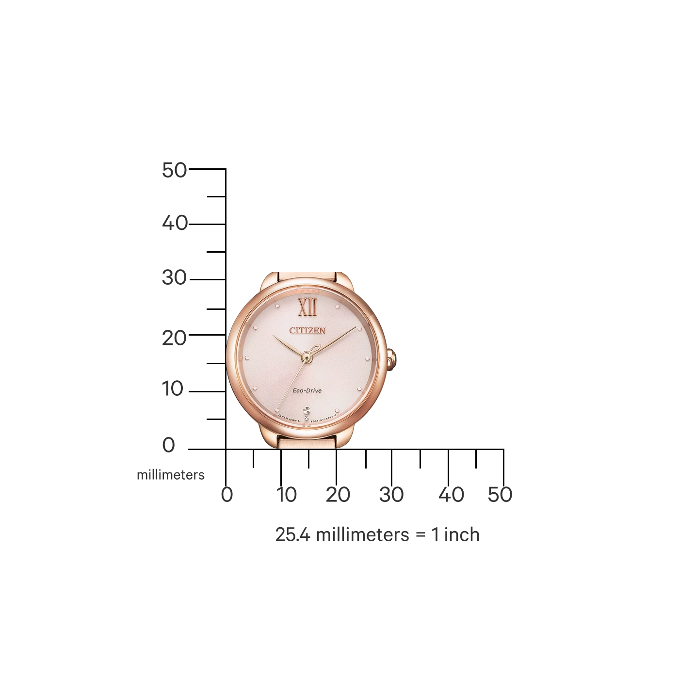 Roségoldene Citizen-Uhr mit rosa Zifferblatt, Messskala in Millimetern.