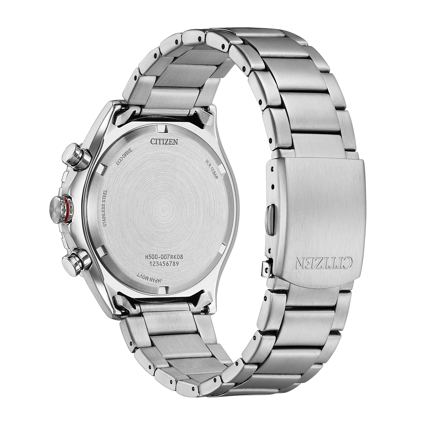 Rückansicht einer silbernen Citizen Eco-Drive Uhr mit Metallarmband.