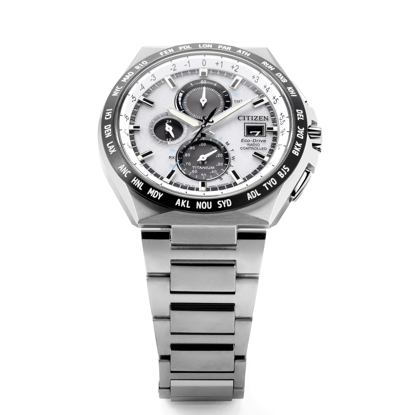 Citizen-Uhr mit Titanband, Eco-Drive, funkgesteuert, Weltzeit.