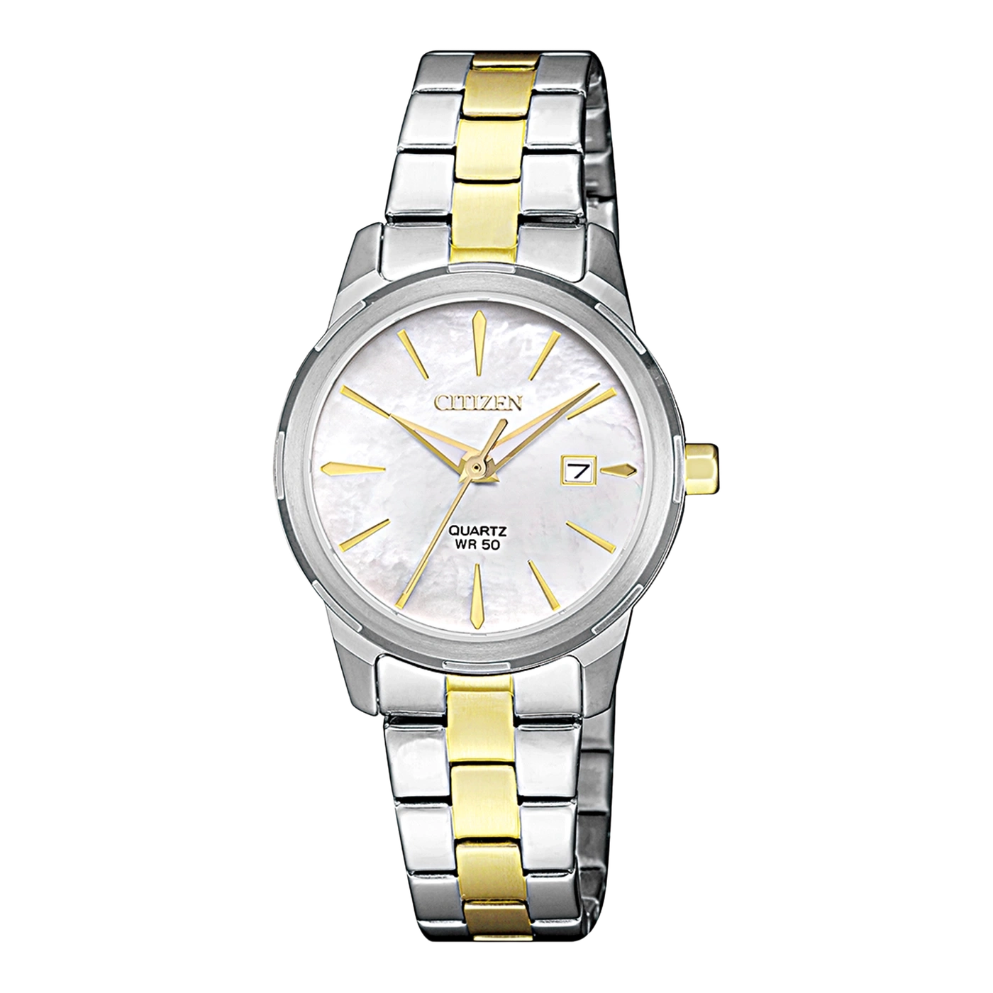 Citizen-Uhr mit weißem Zifferblatt und goldenen Akzenten am Armband.