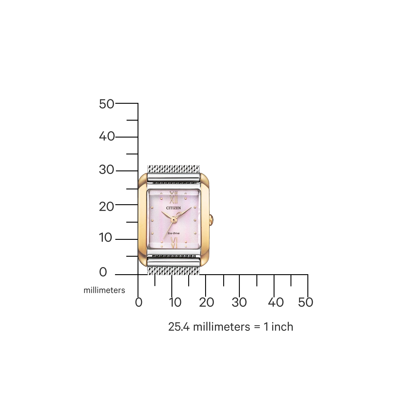 Citizen-Uhr mit rosa Zifferblatt und goldenem Rahmen, mit Millimeterskala.