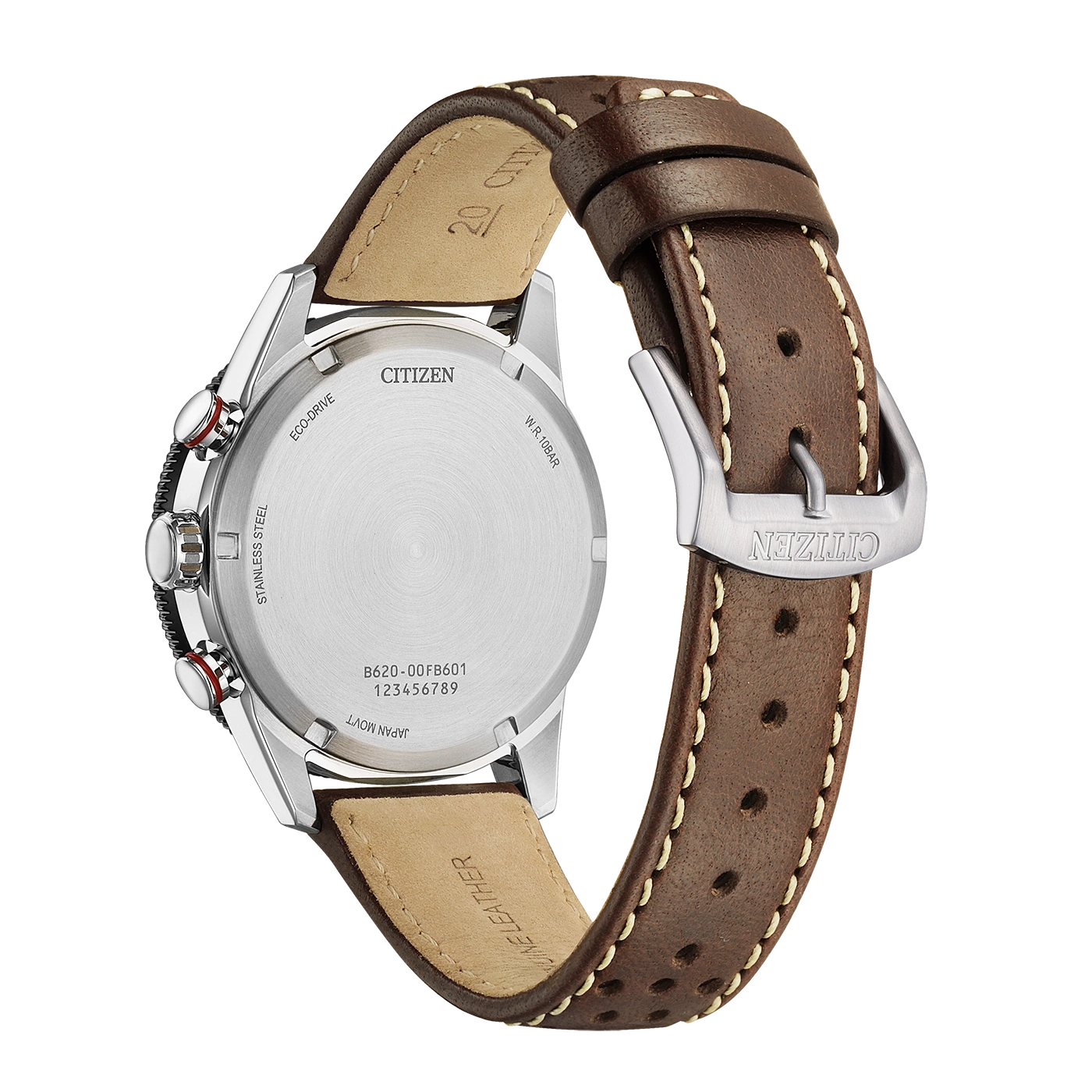 Rückseite einer braunen Leder Citizen Eco-Drive Uhr