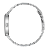 Silberne Uhr mit rundem Zifferblatt und Metallarmband, Seitenansicht.