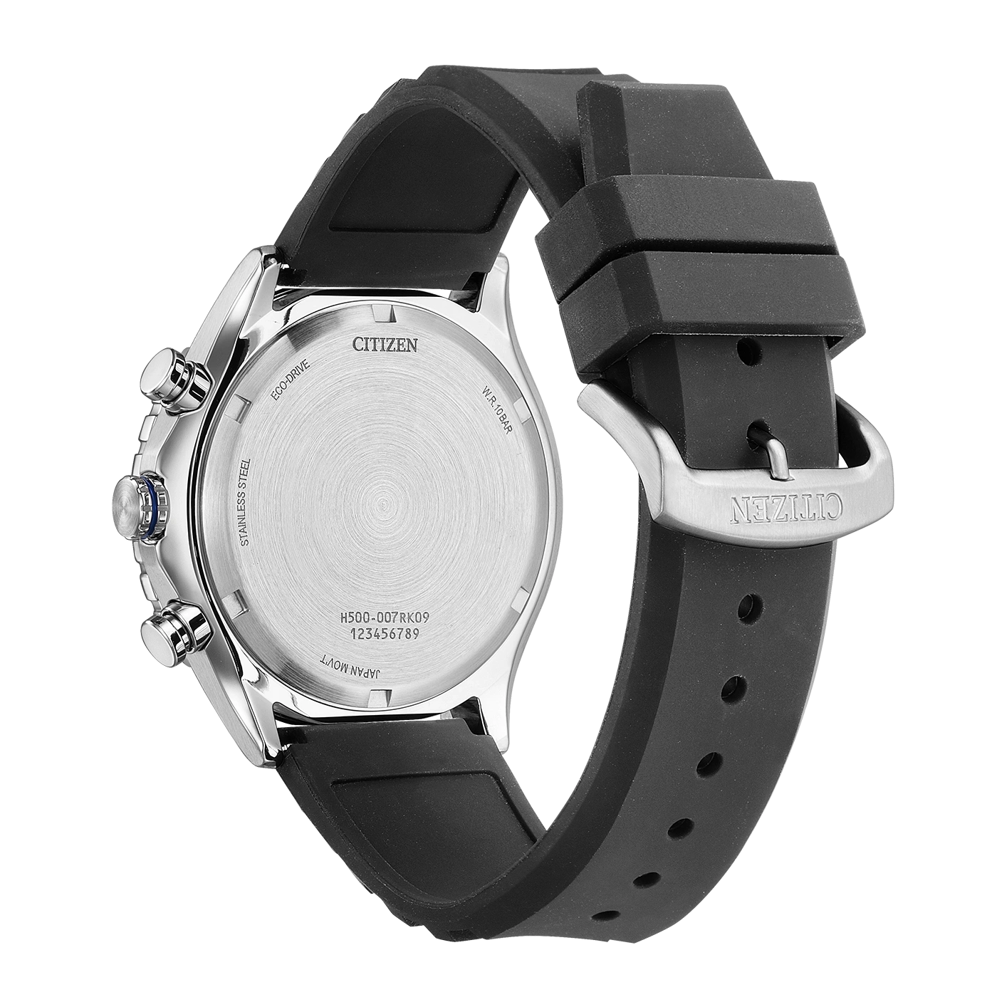 Rückansicht einer Citizen Eco-Drive Uhr mit schwarzem Kautschukarmband und silberner Schließe.