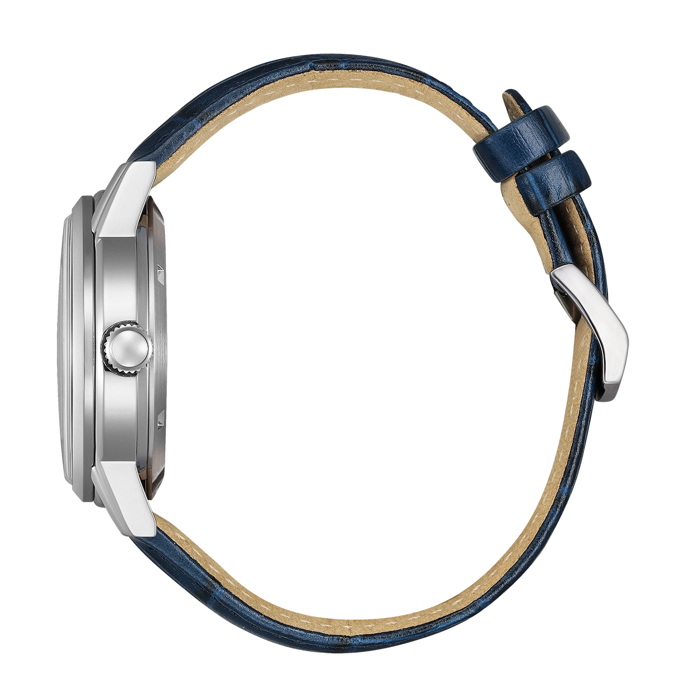 Seitenansicht einer silbernen Uhr mit blauem Lederarmband.