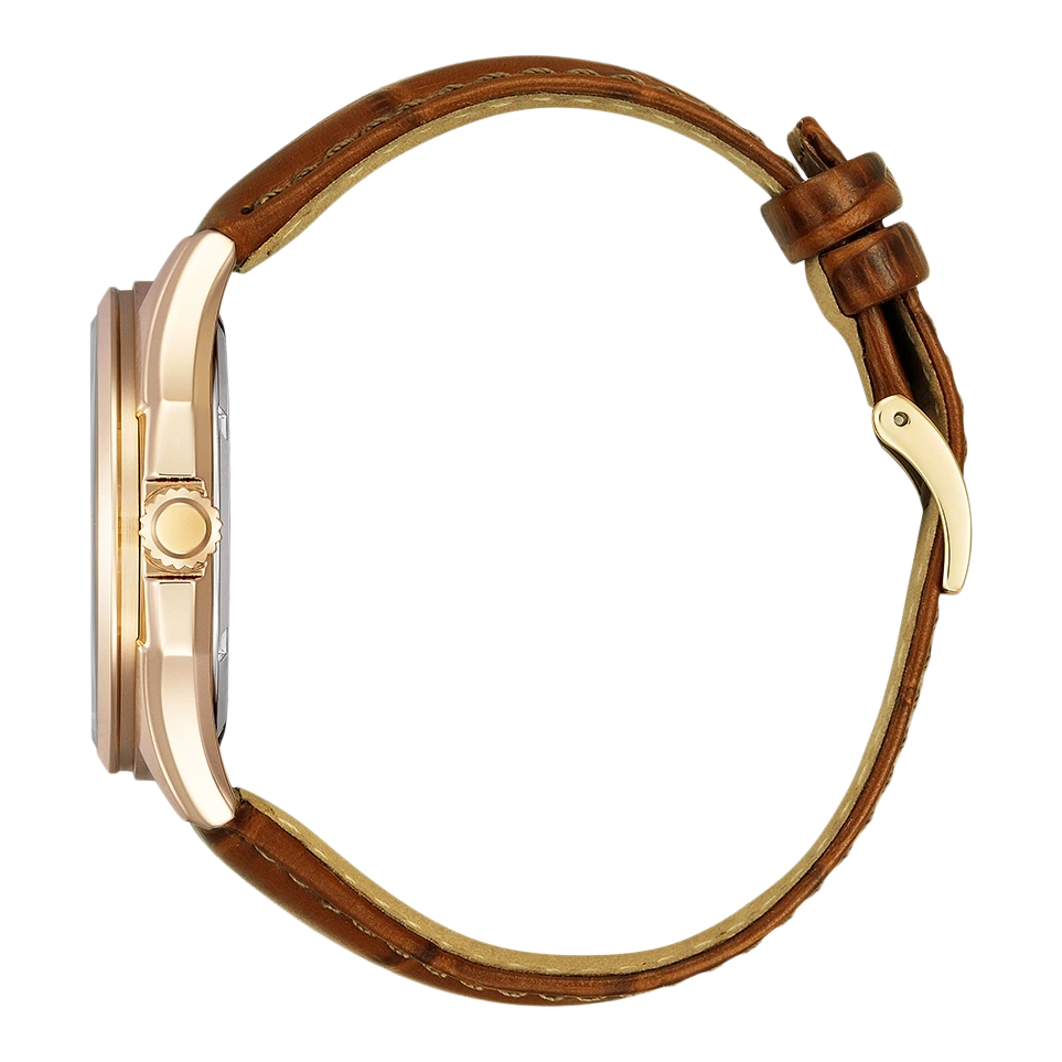 Seitenansicht einer goldenen Uhr mit braunem Lederarmband.