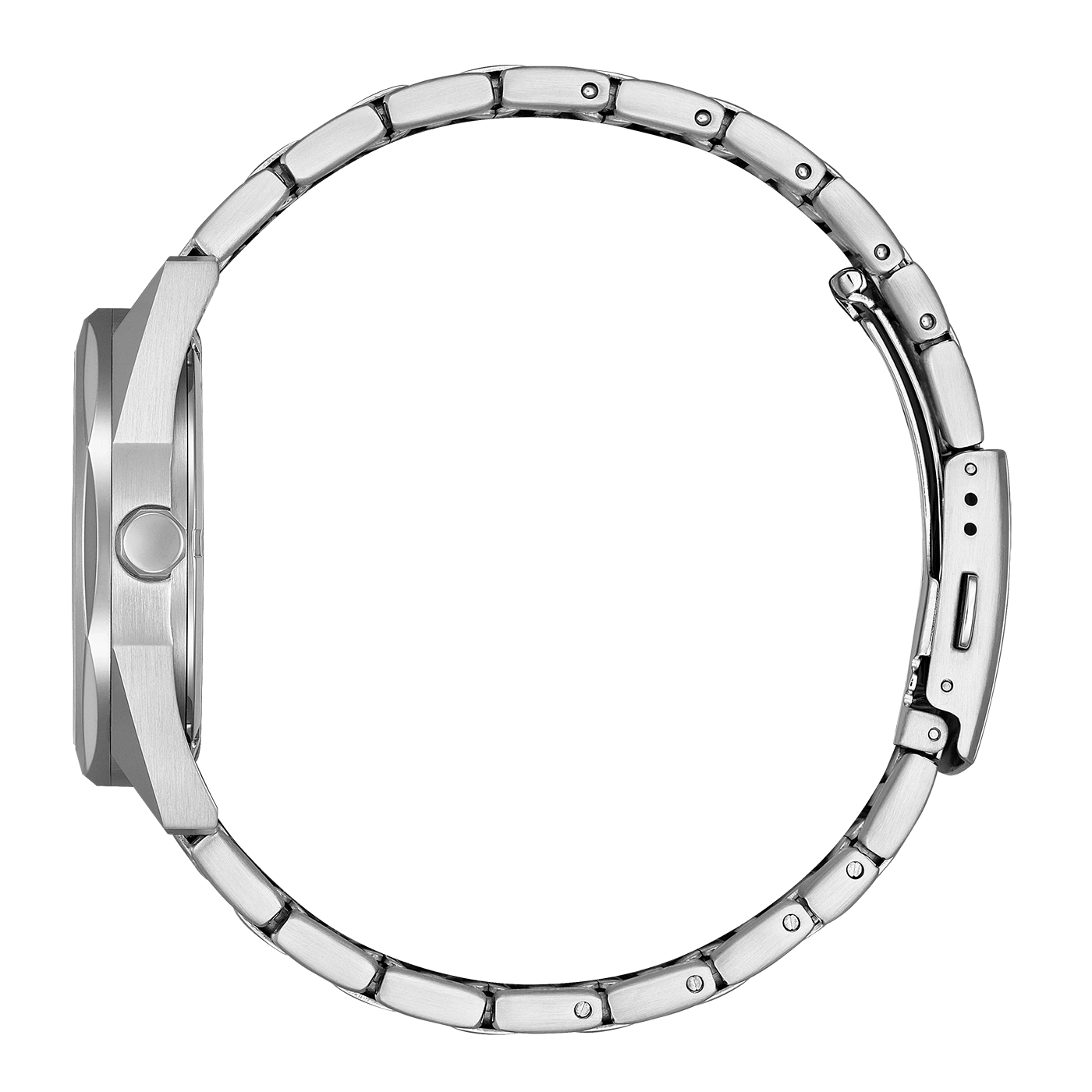 Seitenansicht einer silbernen Armbanduhr mit Metallband, elegantes Design.