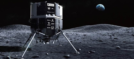 Mondlander auf dem Mond mit der Erde im Hintergrund, Weltraumforschung.