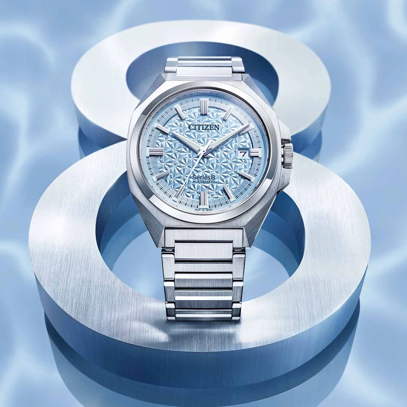 Citizen Uhr, Serie 8, Automatik, blaues Zifferblatt, Edelstahl, modernes Design
