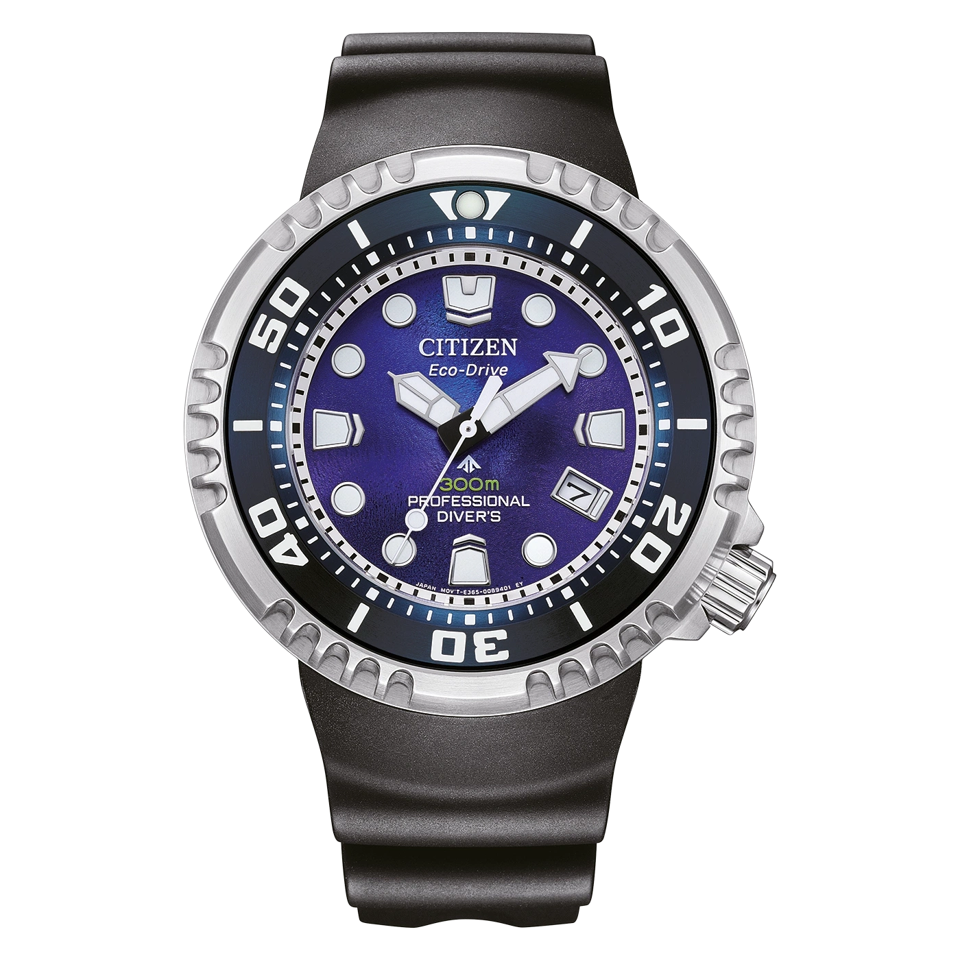 Citizen Eco-Drive Uhr mit blauem Zifferblatt und schwarzem Armband, professionelle Taucheruhr