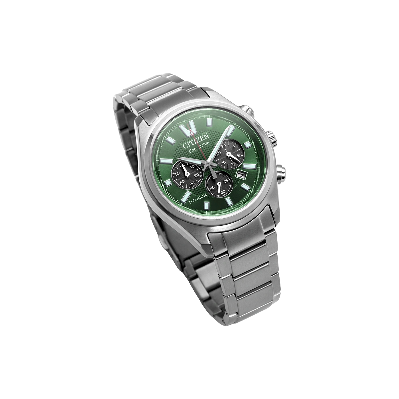Eine silberne Citizen Eco-Drive Uhr mit grünem Zifferblatt und Metallarmband.