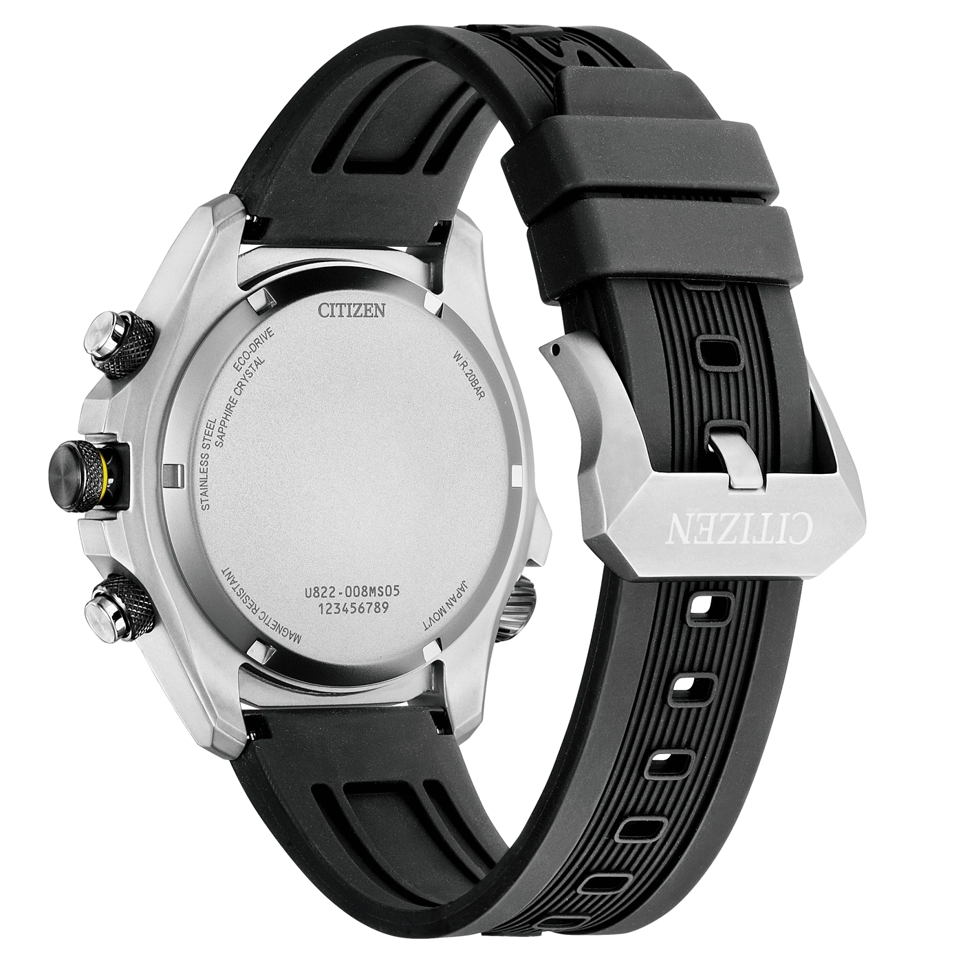 Citizen-Uhr, Rückseite, Edelstahl, schwarzes Armband, Eco-Drive, Saphirglas, wasserdicht.