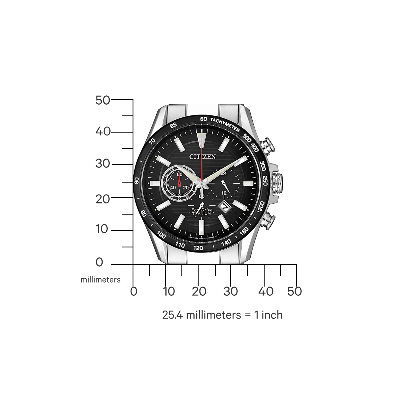 Citizen-Uhr mit schwarzem Zifferblatt, Titan und Tachymeter-Markierungen.