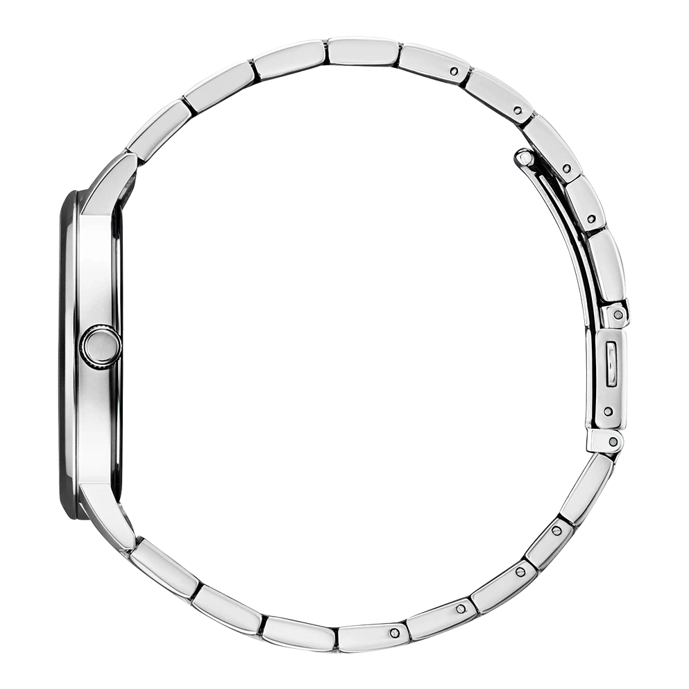 Seitenansicht einer silbernen Uhr mit Metallband, elegantes Design.
