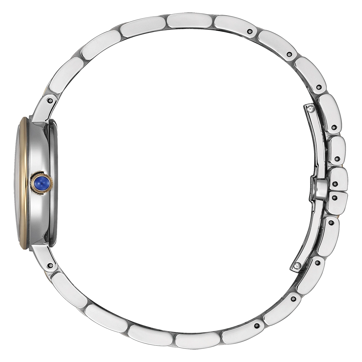 Seitenansicht einer silbernen Uhr mit blauem Edelstein und grünem Hintergrund.