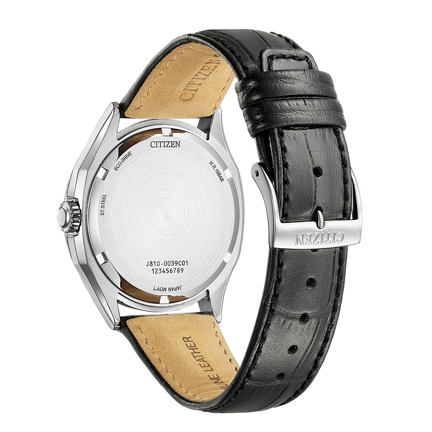 Citizen-Uhrenrückseite, schwarzes Lederarmband, Eco-Drive, Edelstahl, japanisches Uhrwerk