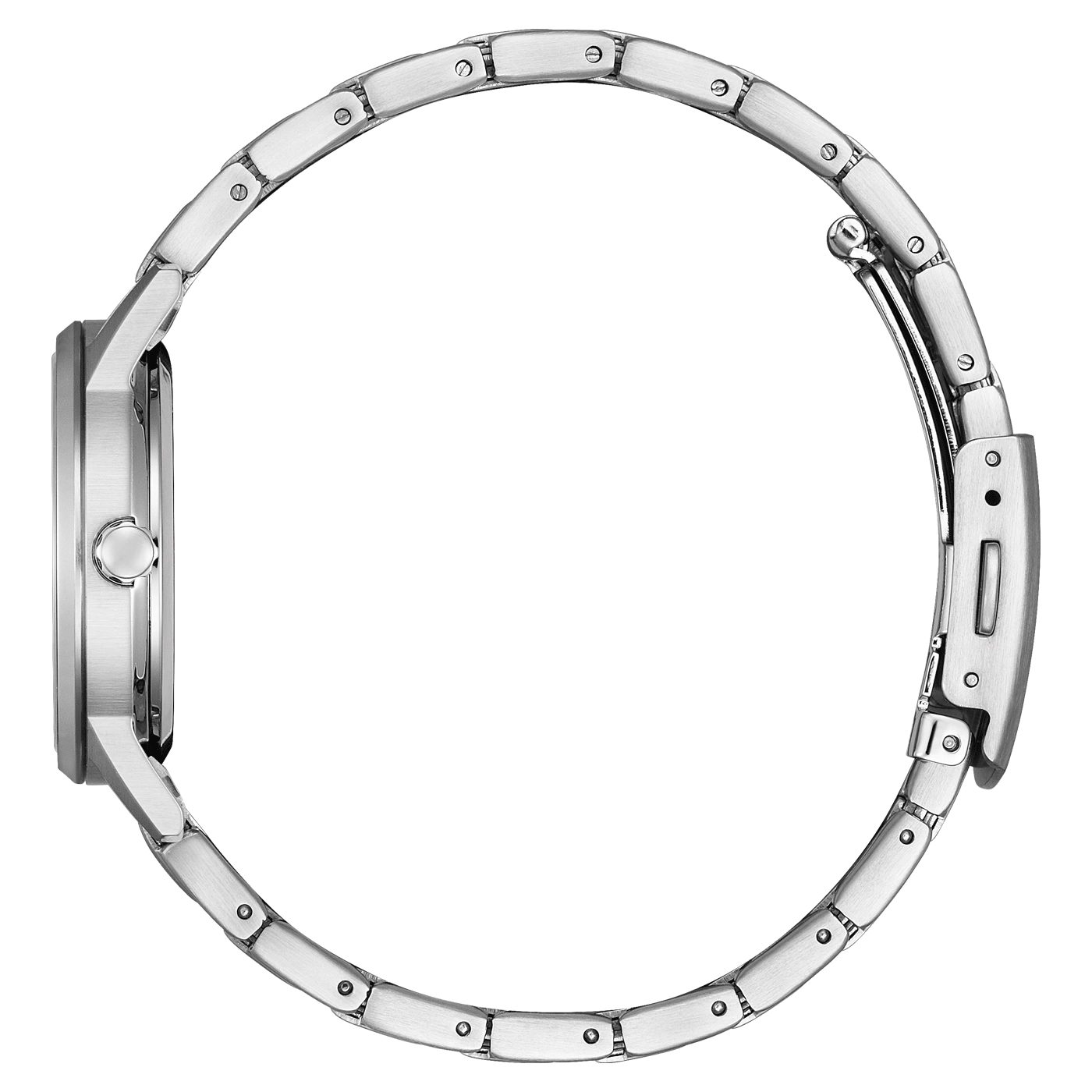 Seitenansicht einer silbernen Armbanduhr mit Metallband, elegantes Design.