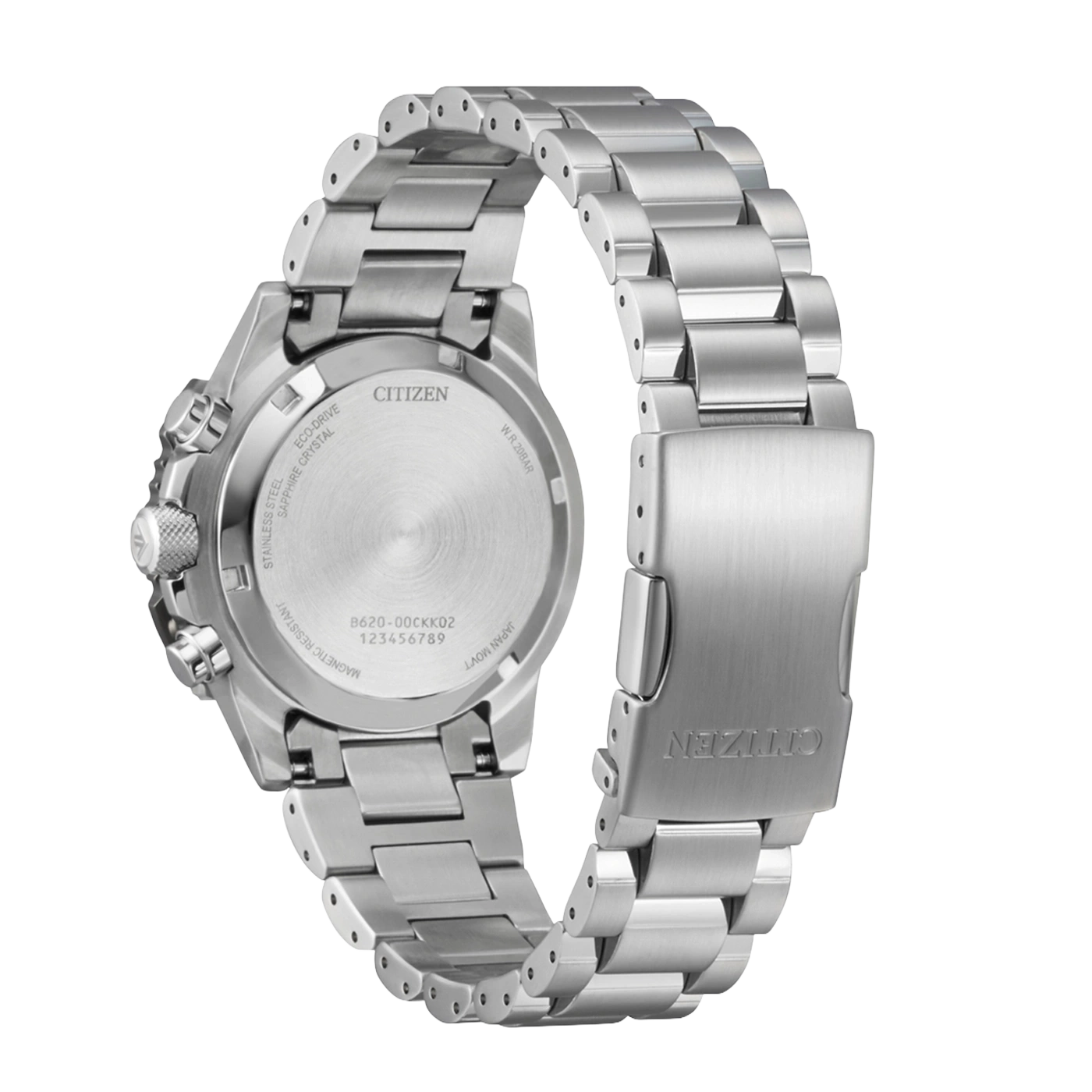 Rückseite einer silbernen Citizen Eco-Drive Uhr mit Metallarmband.