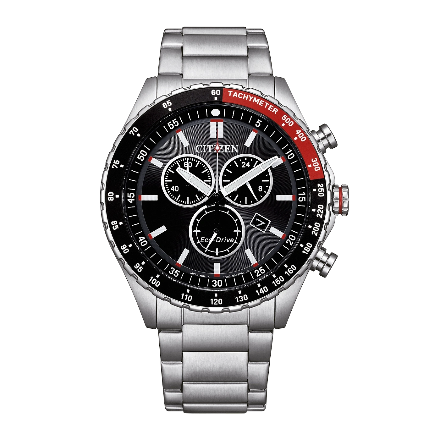 Eine Citizen Eco-Drive Chronographenuhr mit schwarzem Zifferblatt und Tachymeter-Lünette.
