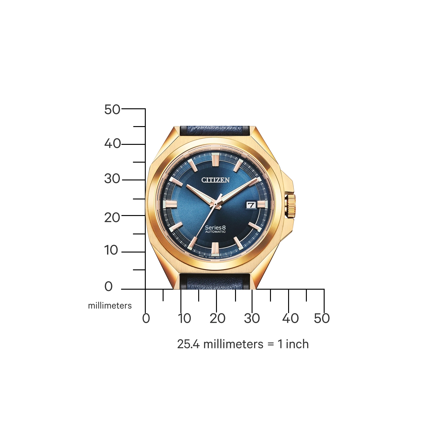 Citizen-Uhr mit goldenem Gehäuse und blauem Zifferblatt, Serie 8 Automatic, mit Millimeterskala.