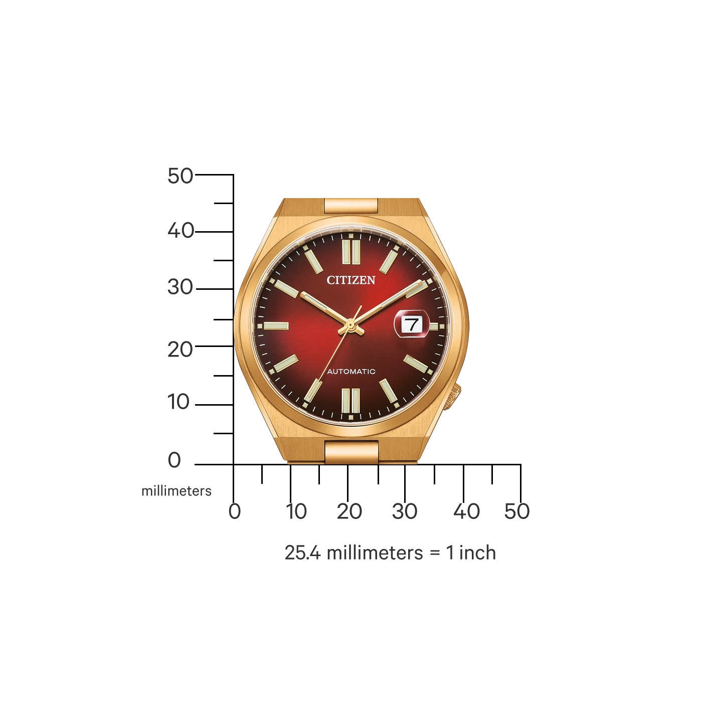 Goldene Citizen-Uhr mit rotem Zifferblatt, Datumsanzeige und Automatikwerk.