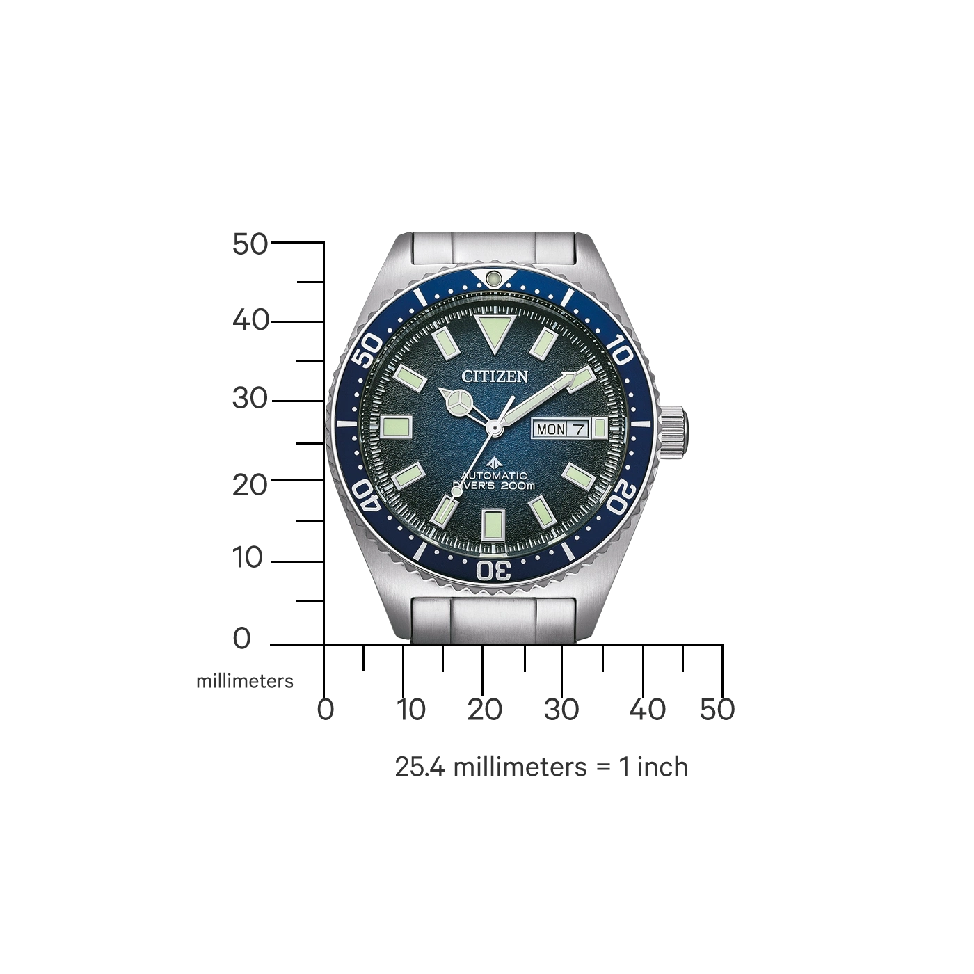 Citizen-Uhr mit blauem Zifferblatt, Automatik und Datumsanzeige. Sie hat ein Edelstahlarmband.