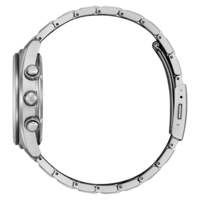 Seitenansicht einer silbernen Uhr mit Metallarmband und zwei Knöpfen an der Seite.