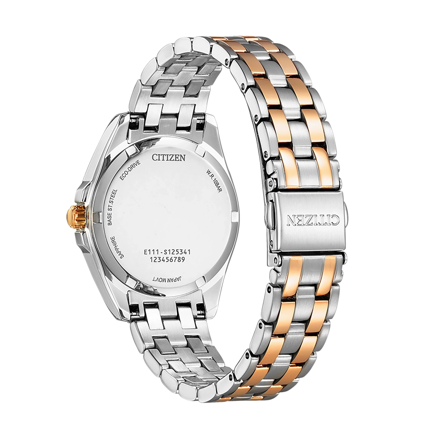 Citizen-Uhrrückseite mit Details: Saphir, Eco-Drive, Base St. Steel, Japan Movt.