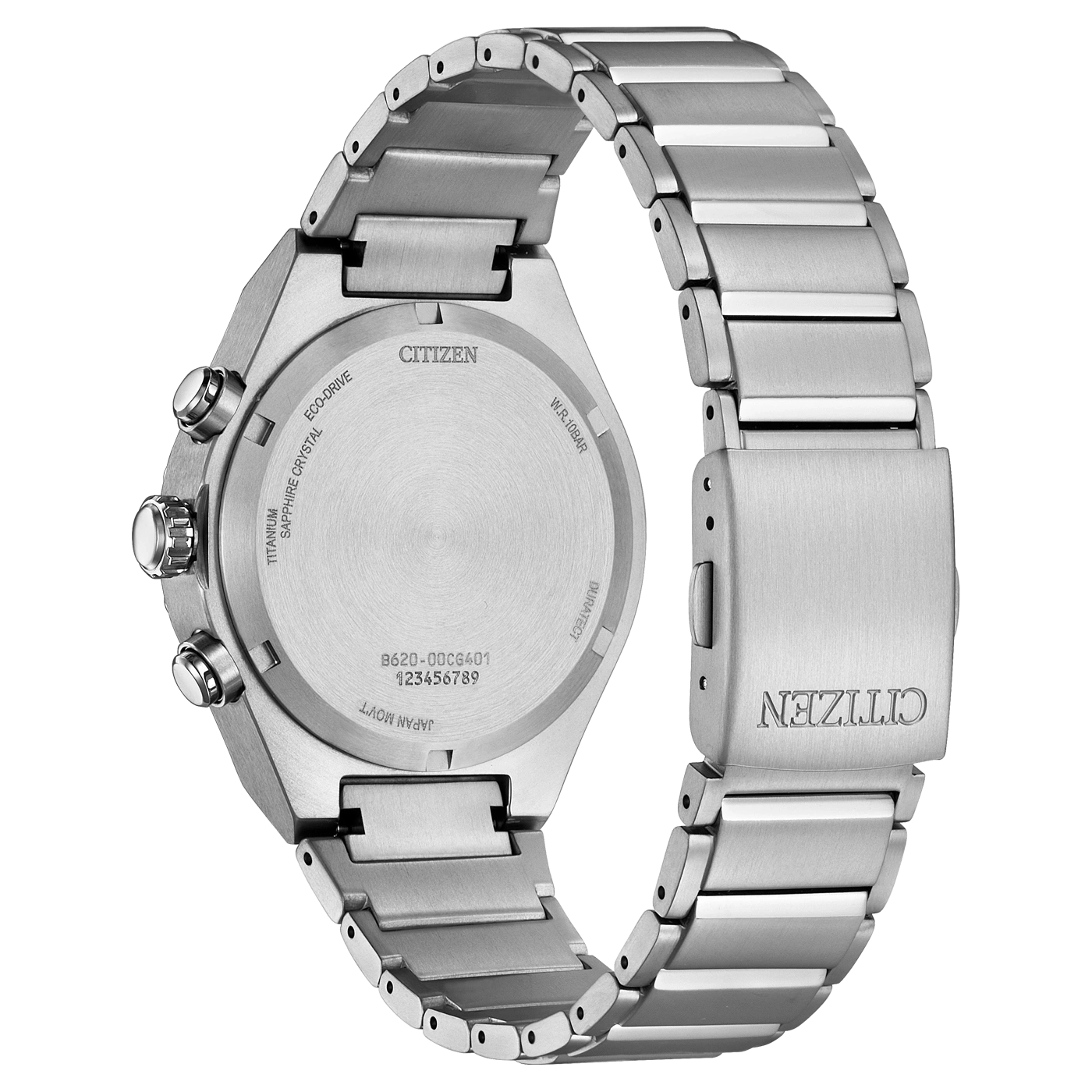 Citizen-Uhrenrückseite, Titan, Saphirglas, Eco-Drive, W.R.10BAR, Japan Movt.