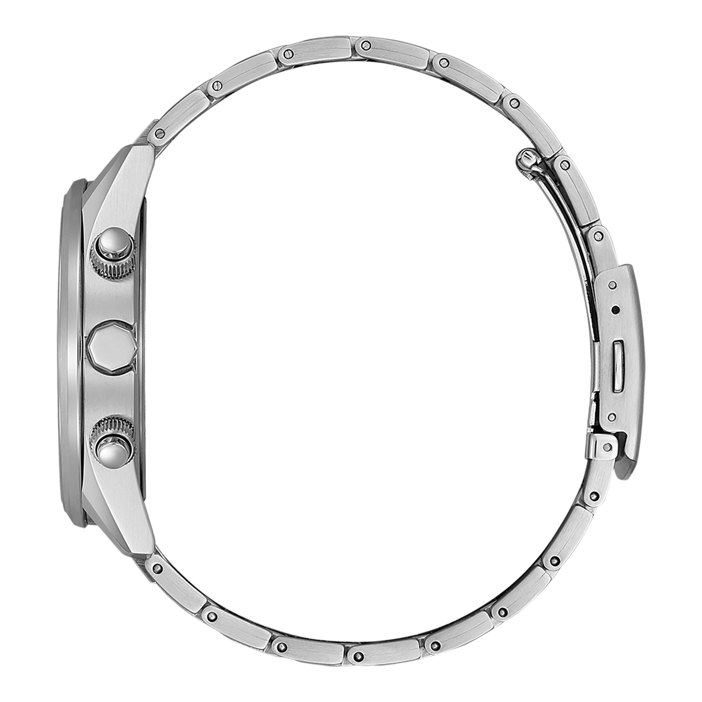 Seitenansicht einer silbernen Armbanduhr mit Metallband und Knöpfen.