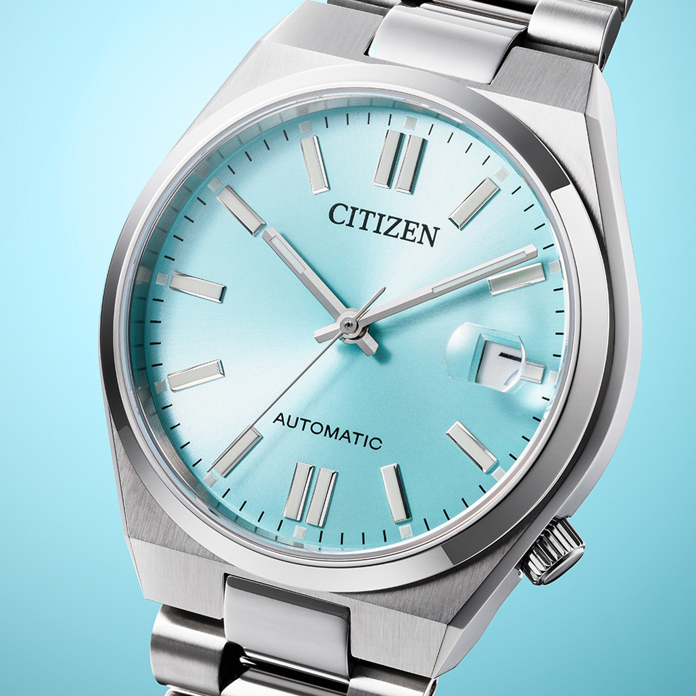 Citizen-Uhr mit hellblauem Zifferblatt und silbernem Armband, Automatik.