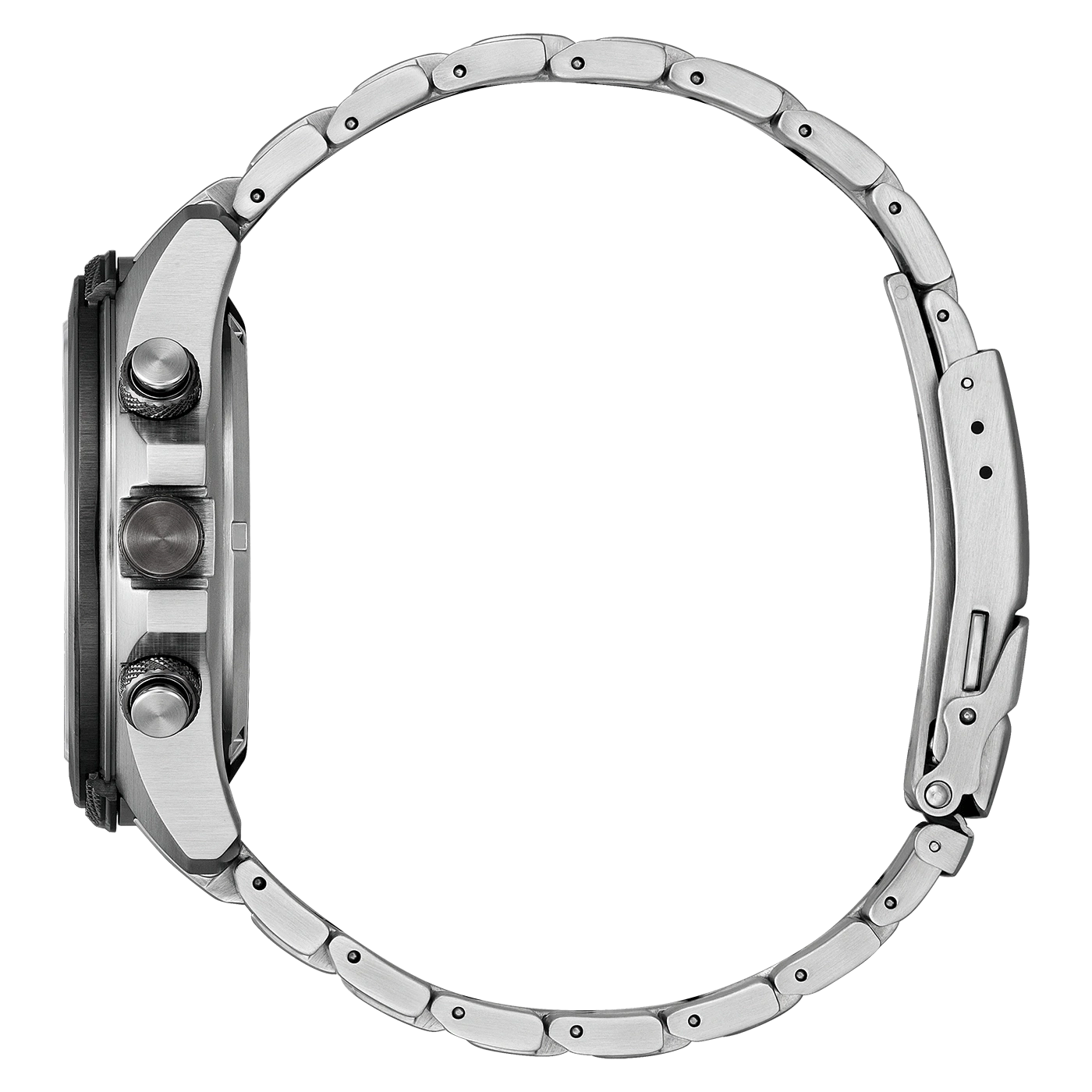 Seitenansicht einer silbernen Armbanduhr mit Metallband und Knöpfen.