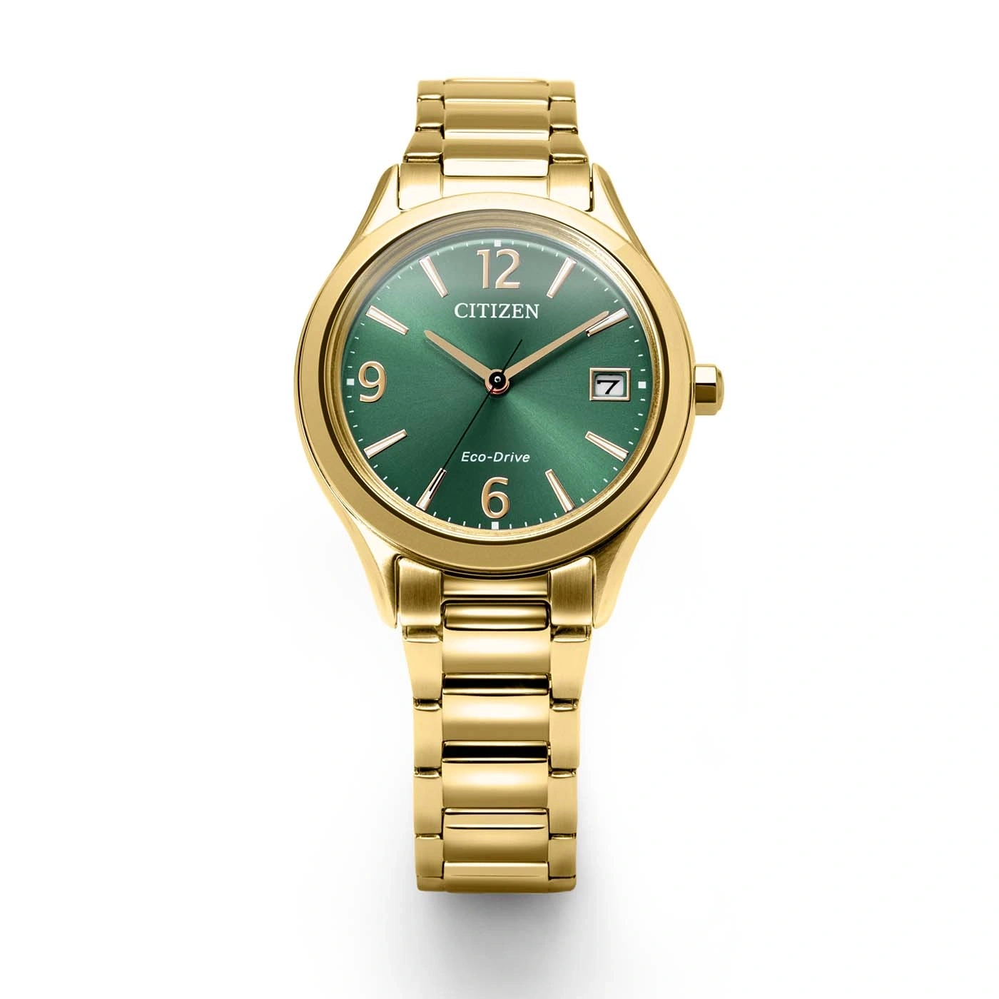 Eine goldene Citizen Eco-Drive Uhr mit grünem Zifferblatt.