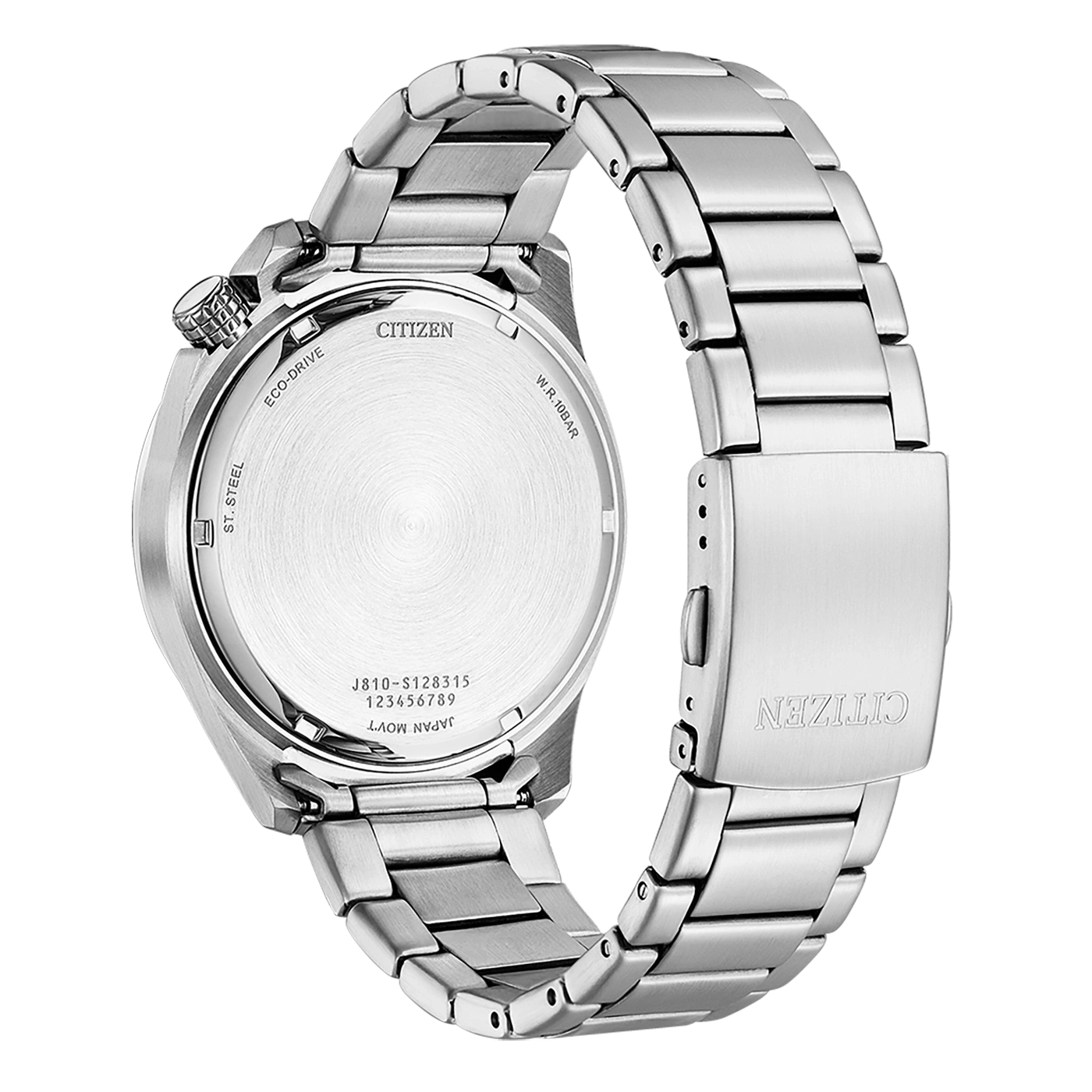 Citizen-Uhrenrückseite, Edelstahl, Eco-Drive, W.R.10BAR, Japan Movt.