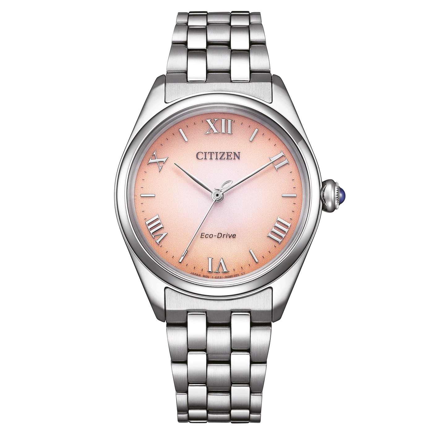 Citizen-Uhr mit rosa Zifferblatt und silbernem Armband, Eco-Drive-Technologie.