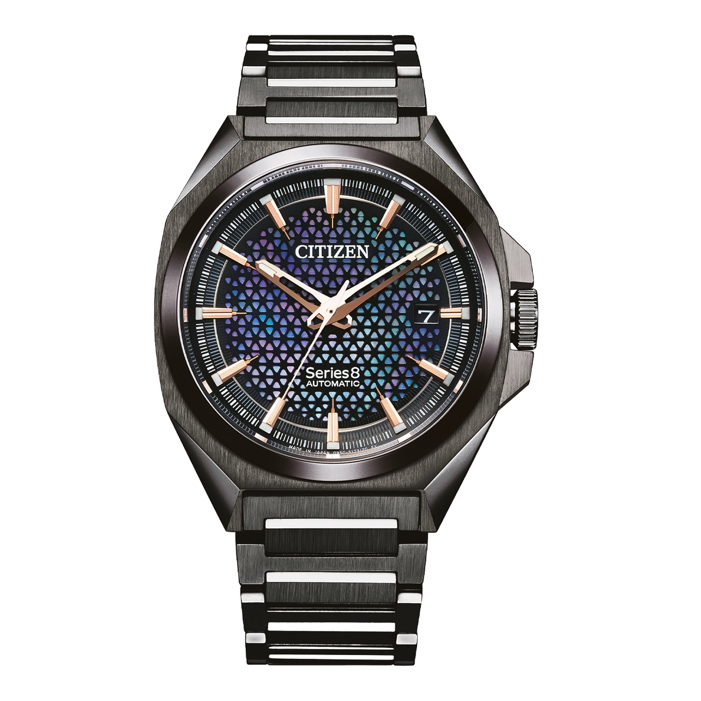 Citizen Series 8 Automatik-Uhr mit schwarzem Gehäuse und Armband, blaues Zifferblatt
