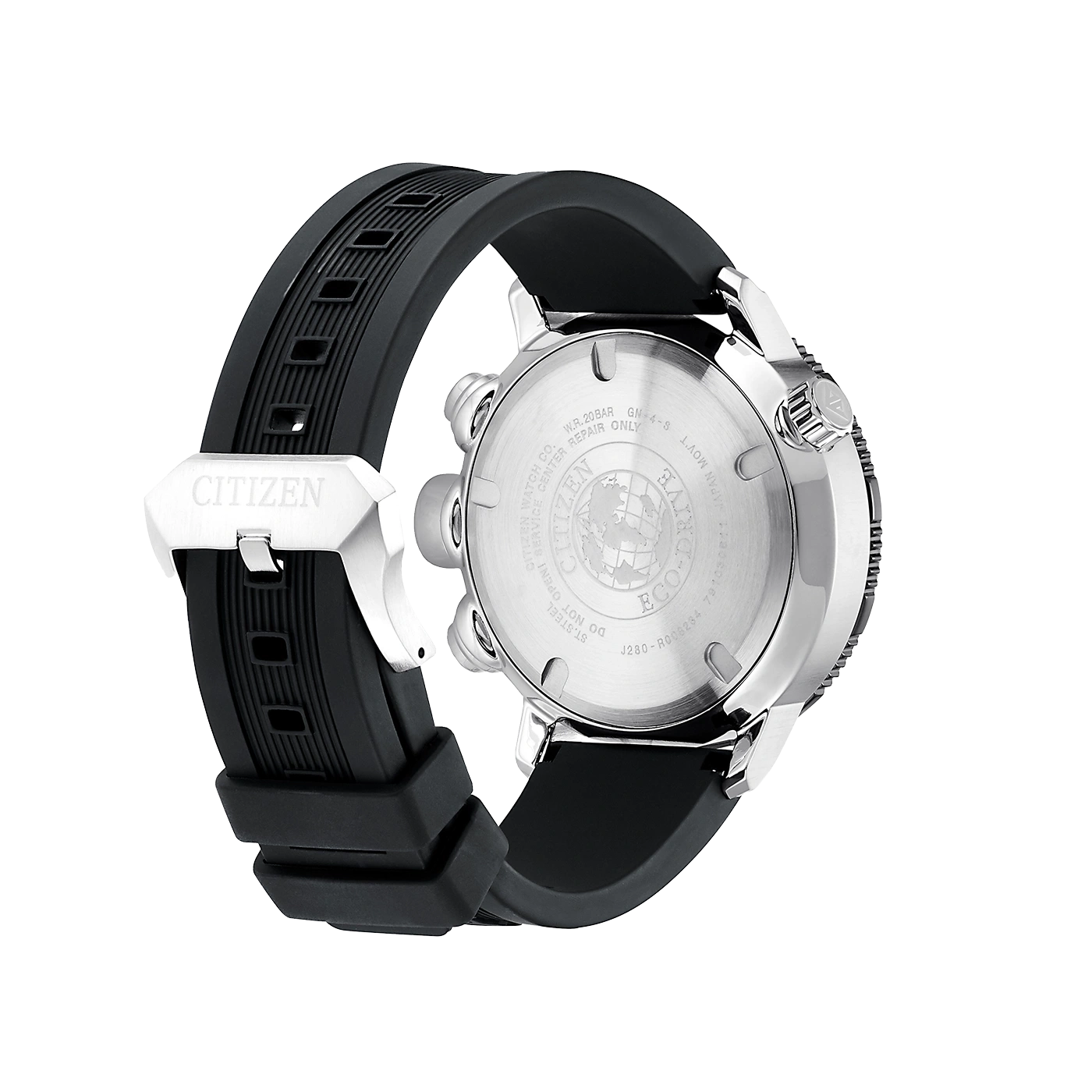 Citizen-Uhr mit schwarzem Armband, Edelstahlrücken und Eco-Drive-Technologie.