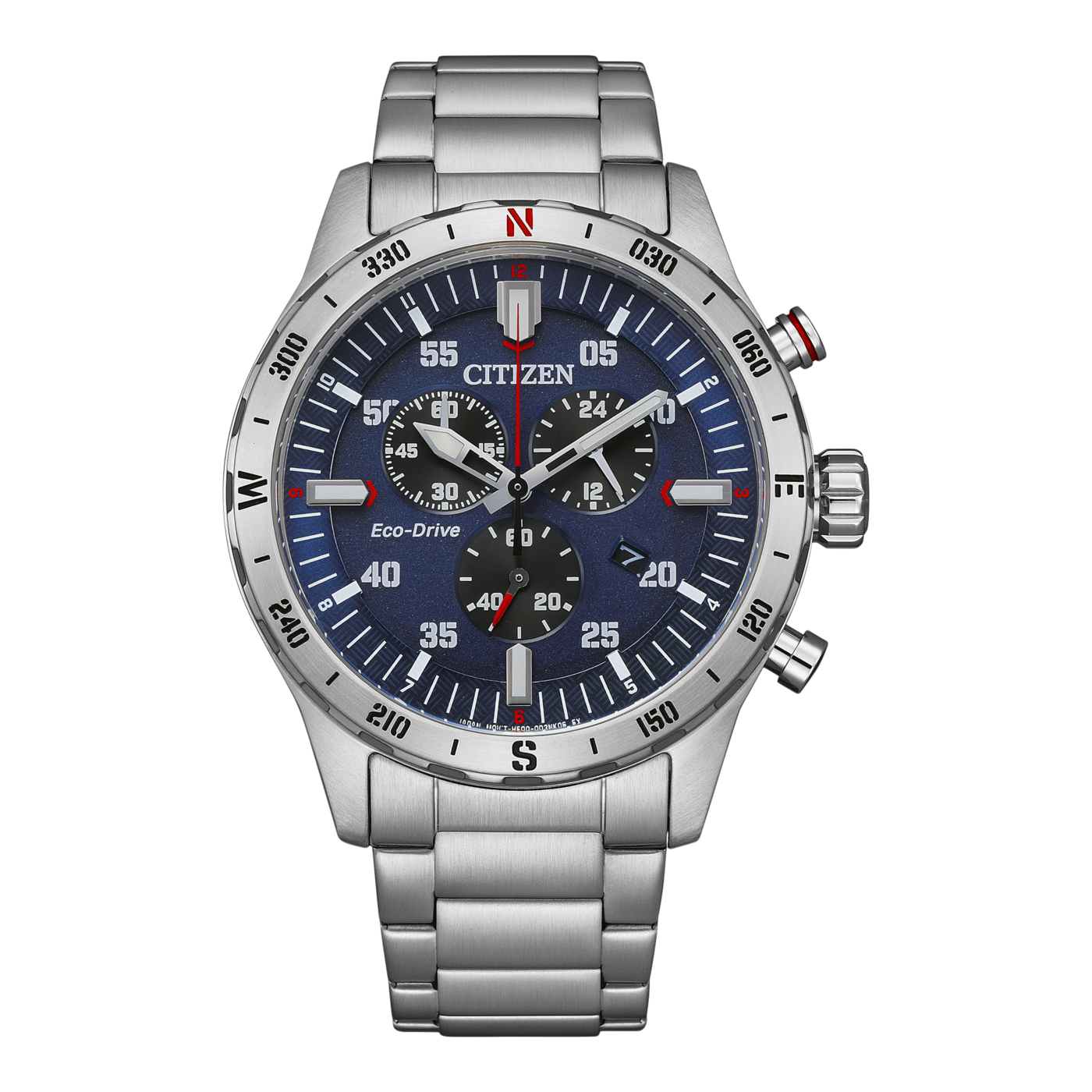 Citizen-Uhr mit blauem Zifferblatt, silbernem Armband und Chronographenfunktionen.