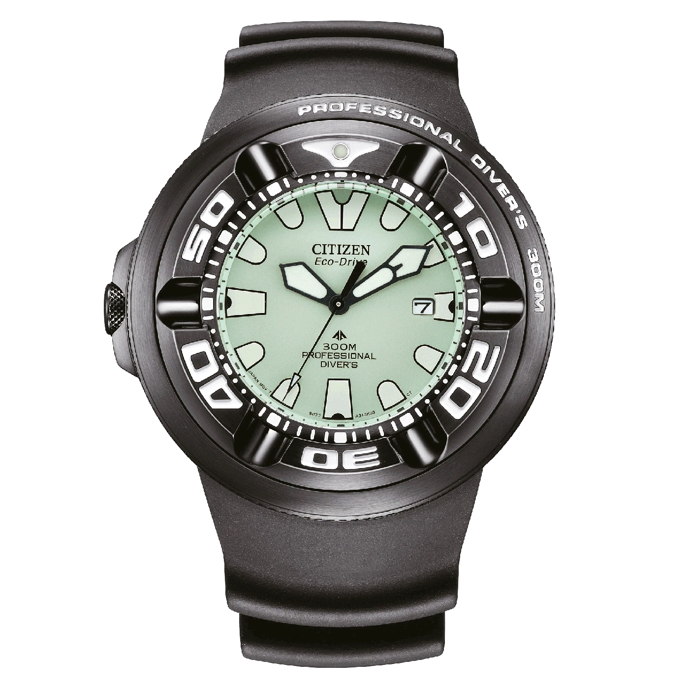 Schwarze Citizen Eco-Drive Uhr mit grünem Zifferblatt, professionelle Taucheruhr.