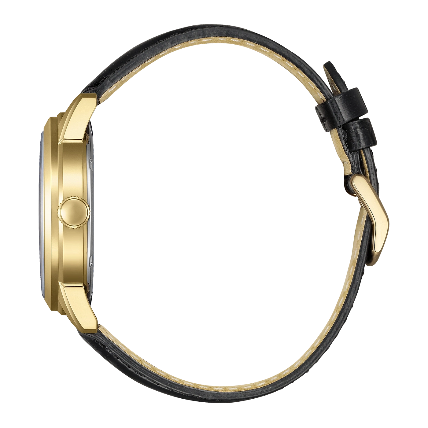 Seitenansicht einer goldenen Uhr mit schwarzem Lederarmband.