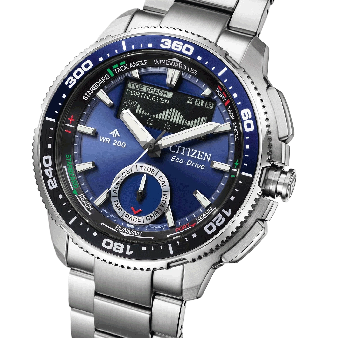 Eine blaue Citizen Eco-Drive Uhr mit Metallarmband und Gezeitengraphik.