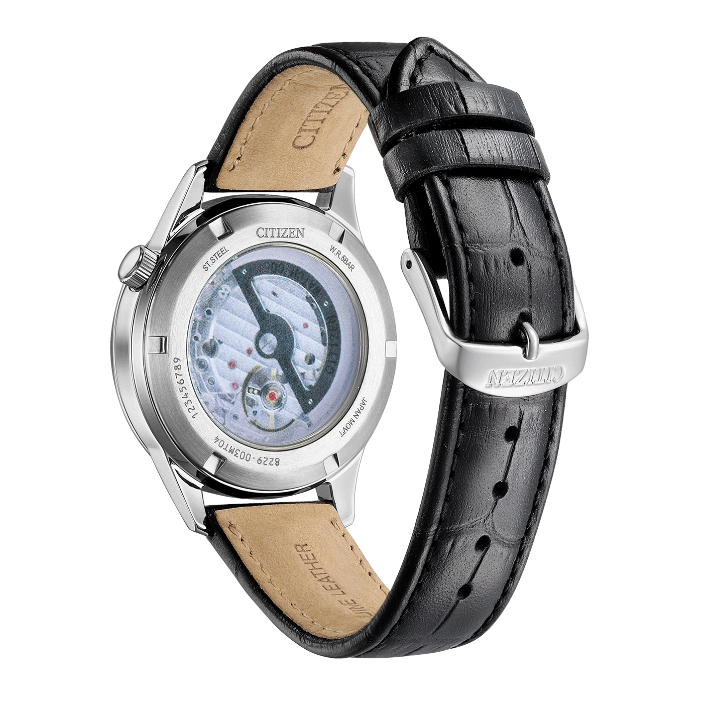 Citizen-Uhr mit schwarzem Lederarmband, zeigt die Rückseite der Uhr.